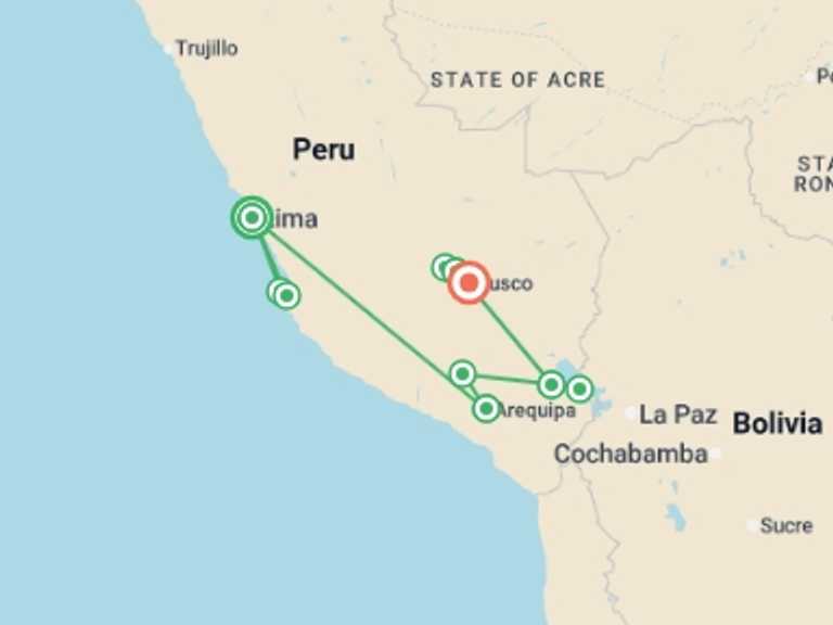 Map of Andes Tour with 7 destination visits for the trip: Wonderful Peruvian South