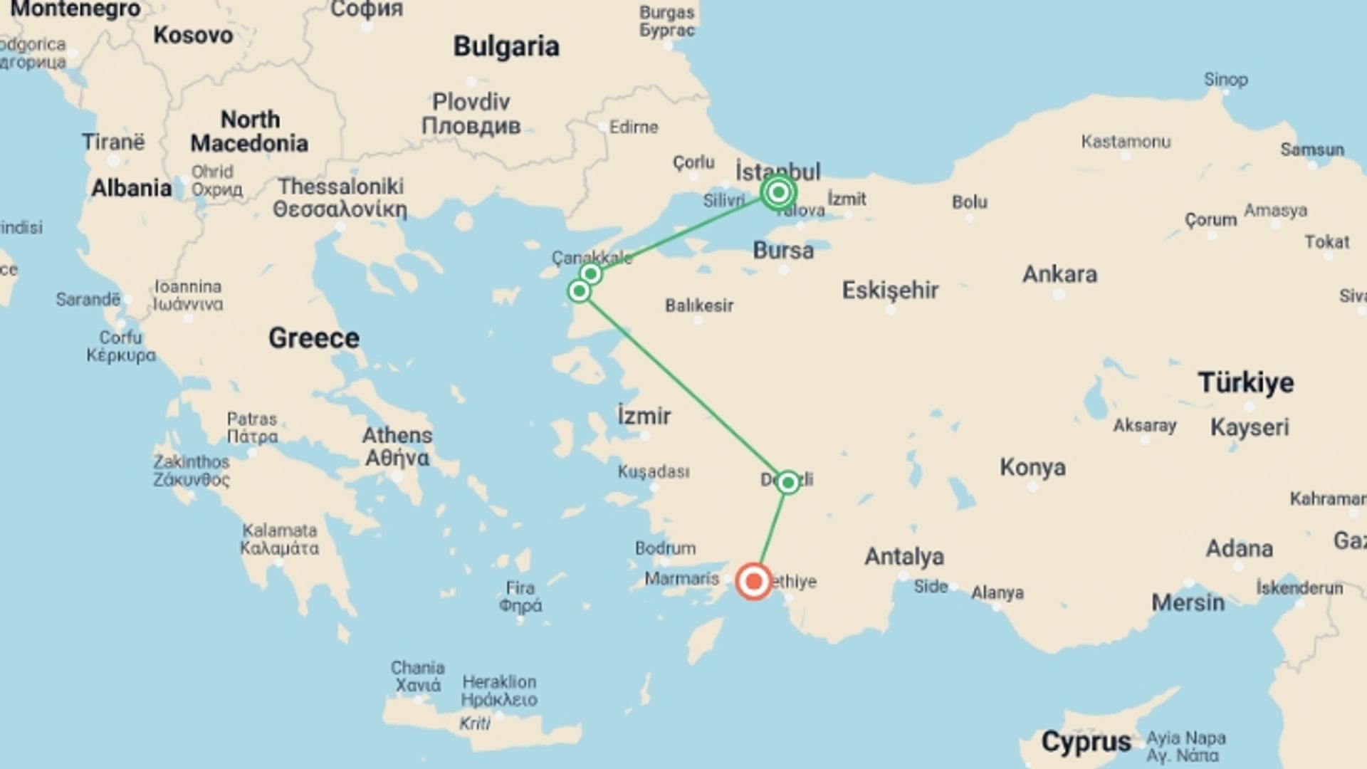 A map showing the tour itinerary for the trip: Highlights of Turkey, starting in Istanbul, Turkey and ending in Dalyan, Turkey going through 4 other destinations.