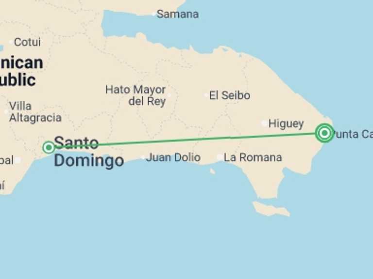 Map itinerary of North America Tour in December 2026 with 2 destination visits for the trip: Dominican Republic: See & Experience it all in 6 days