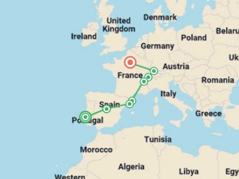 Map of Madrid Tour with 8 destination visits for the trip: Portugal, Spain, Switzerland and France