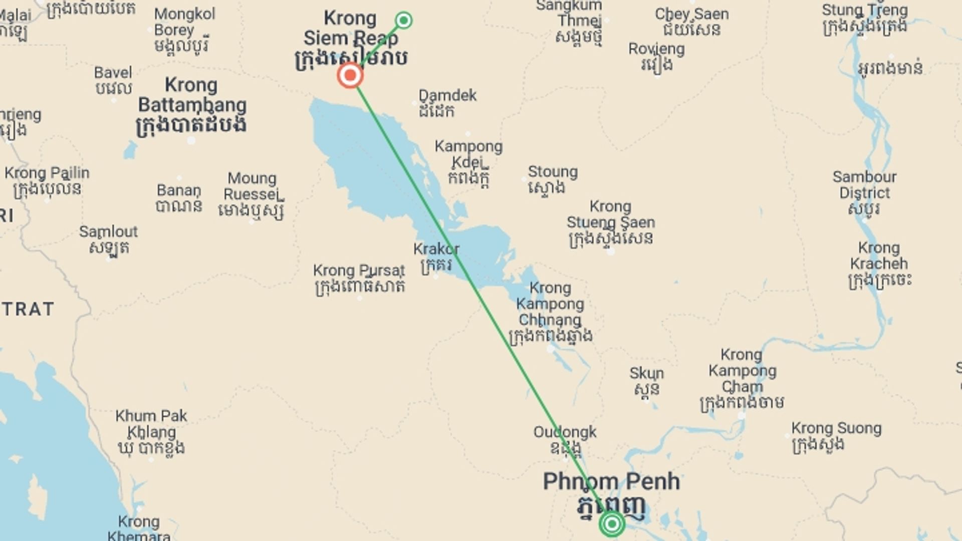 A map showing the tour itinerary for the trip: Cambodia Encounters, starting in Phnom Penh, Cambodia and ending in Phnom Penh, Cambodia going through 2 other destinations.