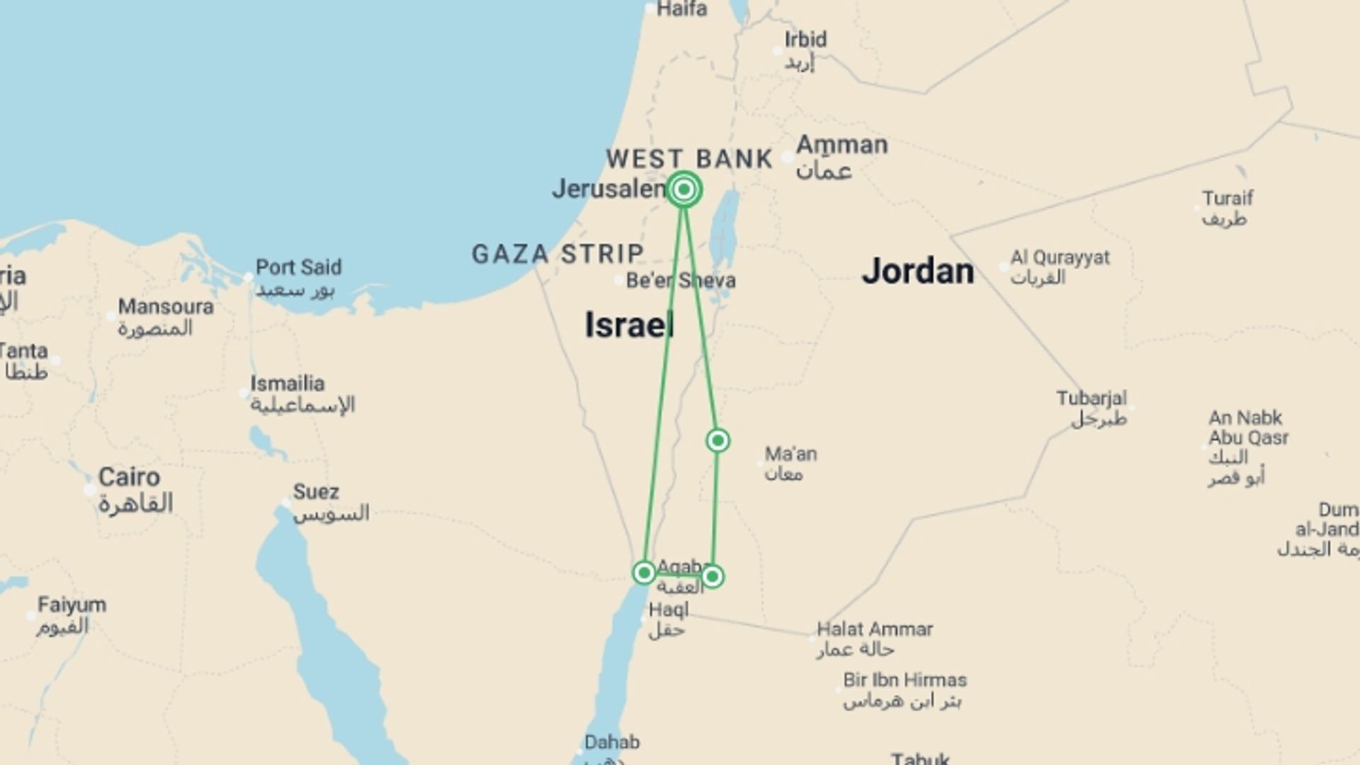 A map showing the tour itinerary for the trip: Petra & Wadi Rum Experience 3D/2N (from Jerusalem), starting in Jerusalem, Israel and ending in Jerusalem, Israel going through 2 other destinations.