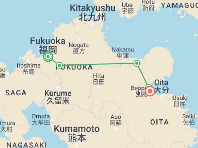 Map of a Beach Tour with 5 destination visits for the trip: Kyushu Onsen to Onsen
