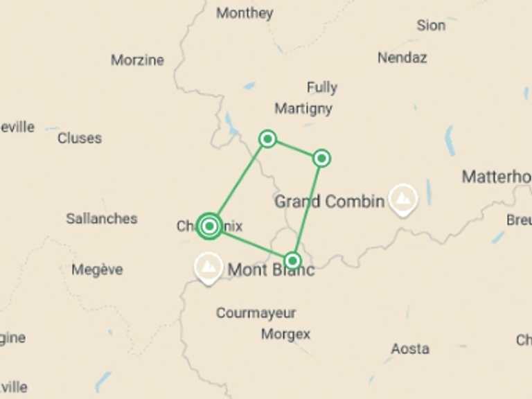 Map of a Adventure Tour with 4 destination visits for the trip: Mont Blanc Guided Hike Classic