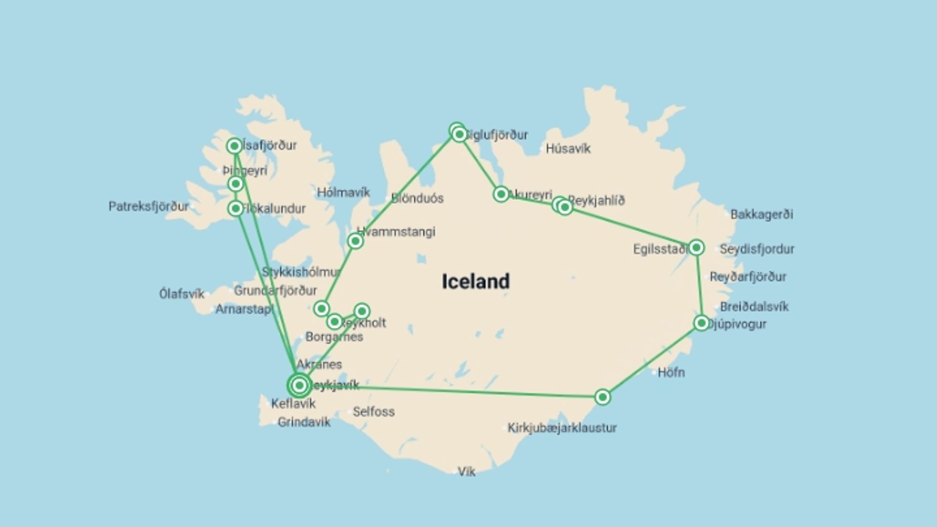 A map showing the tour itinerary for the trip: Iceland Ring Road & Wild Westfjords Journey - 9 days, starting in Reykjavik, Iceland and ending in Reykjavik, Iceland going through 3 other destinations.