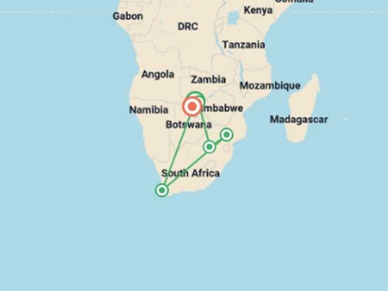 Map of Zimbabwe Wildlife Tour with 6 destination visits for the trip: Cape, Safari and Falls