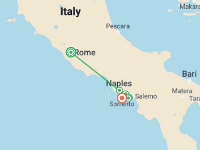 Map of Naples Beach Tour with 5 destination visits for the trip: Rome, Sorrento and the Amalfi Coast