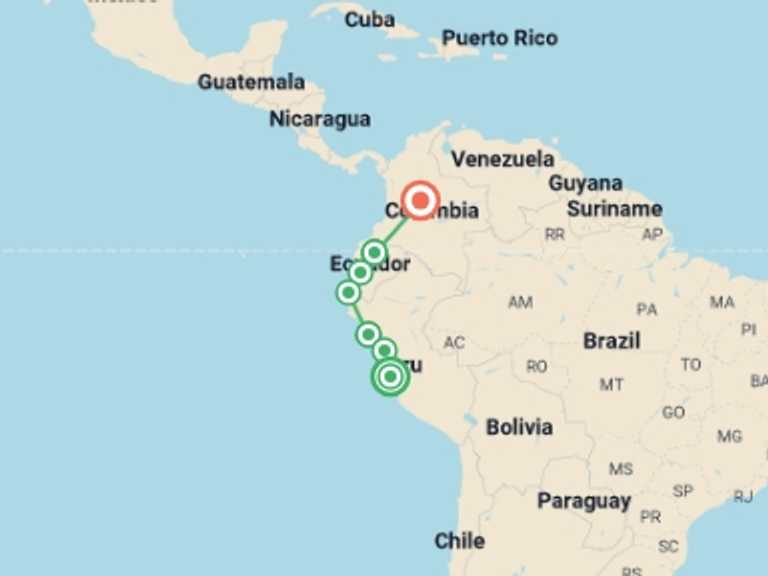 Map itinerary of Lima Tour in September 2025 with 7 destination visits for the trip: Lima to Bogota Travel Pass