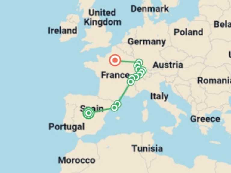 Map itinerary of Europe Tour in August 2026 with 8 destination visits for the trip: Solo Lite Spain Switzerland and French Adventure
