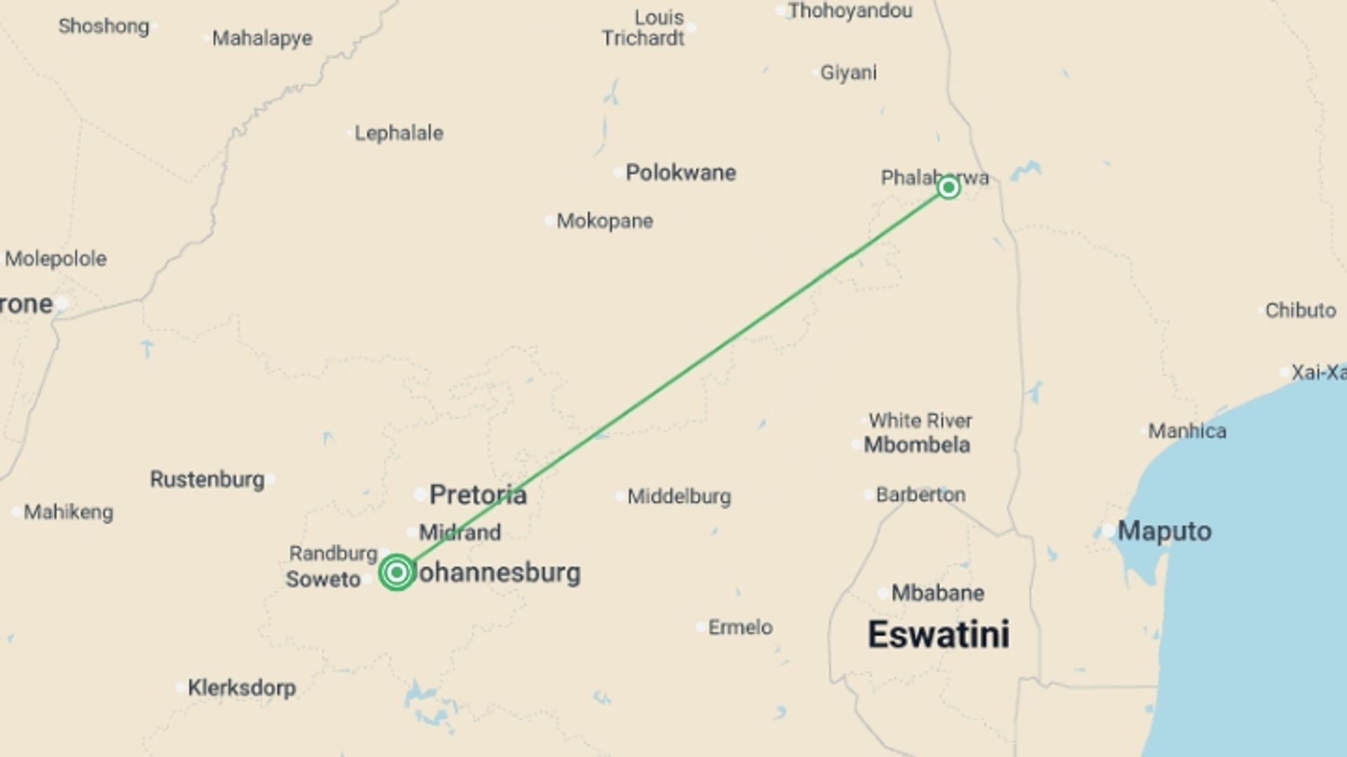 A map showing the tour itinerary for the trip: Kruger National Park 3D/2N, starting in Johannesburg, South Africa and ending in Johannesburg, South Africa going through 1 other destinations.