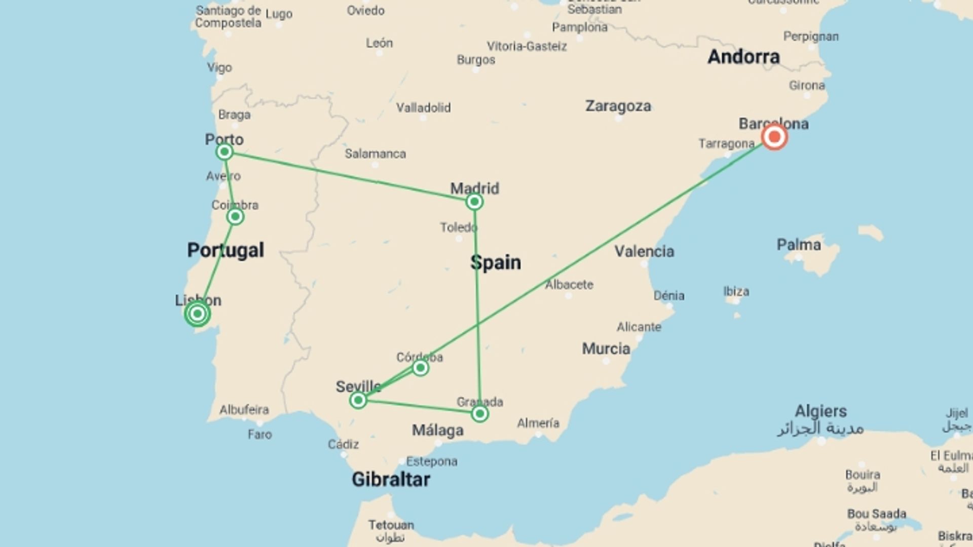 A map showing the tour itinerary for the trip: Best of Spain & Portugal, starting in Lisbon, Portugal and ending in Barcelona, Spain going through 6 other destinations.