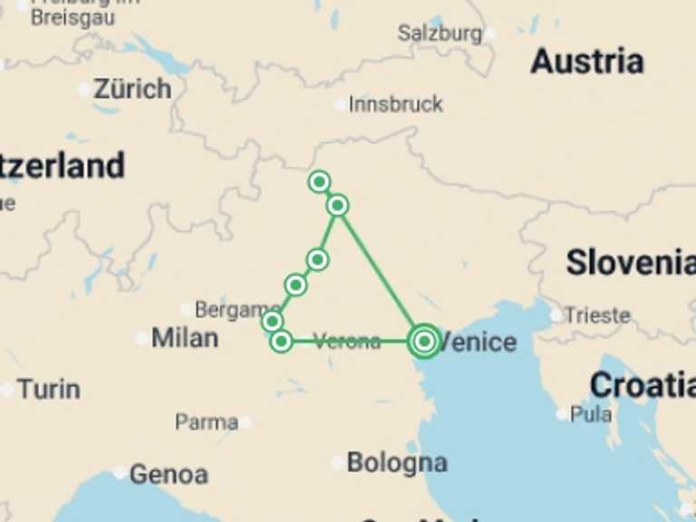 Map of Verona Tour with 8 destination visits for the trip: Cycle Dolomites, Lake Garda and Verona
