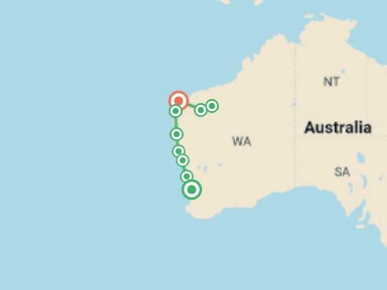 Map of Oceania Tour with 8 destination visits for the trip: West Coast & Karijini Adventure