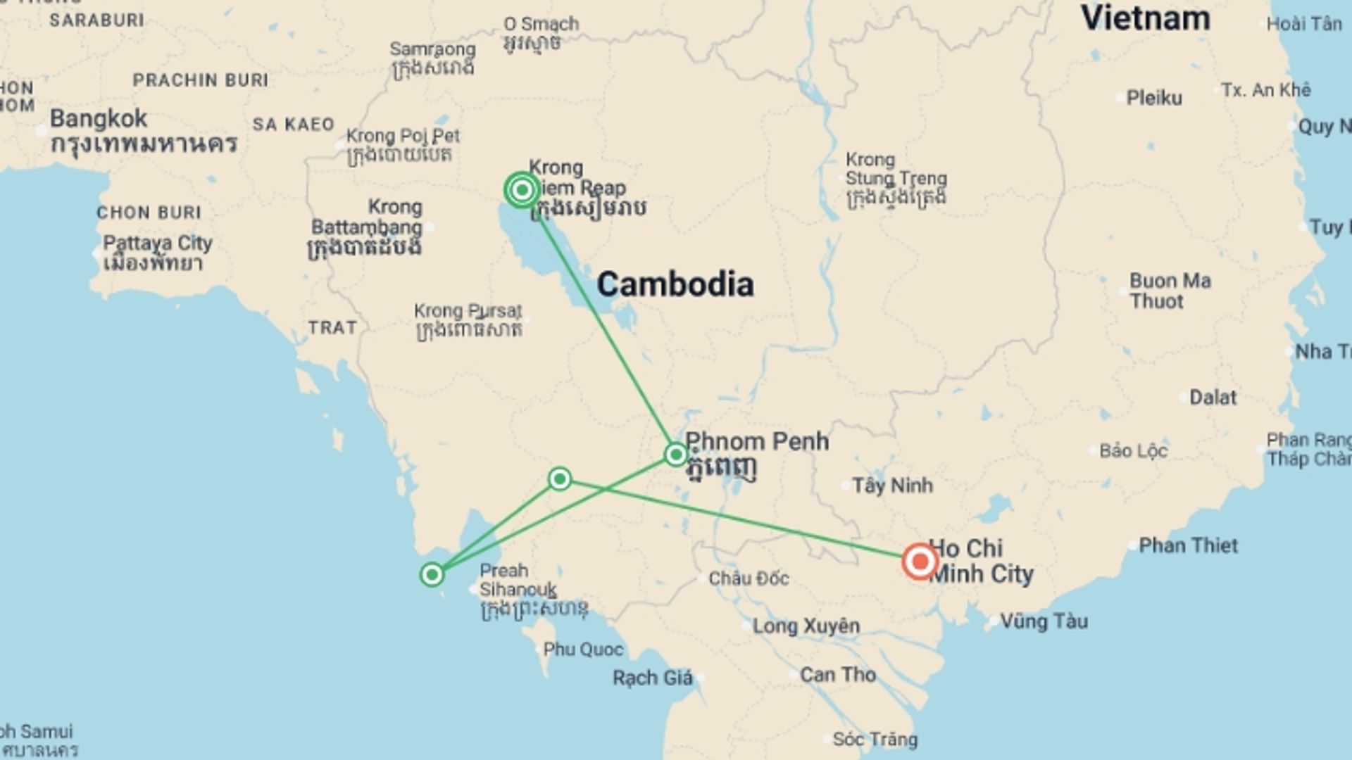 A map showing the tour itinerary for the trip: Cambodia to Vietnam: Temples, Koh Rong Beaches & Big City Buzz, starting in Siem Reap, Cambodia and ending in Ho Chi Minh City, Vietnam going through 3 other destinations.