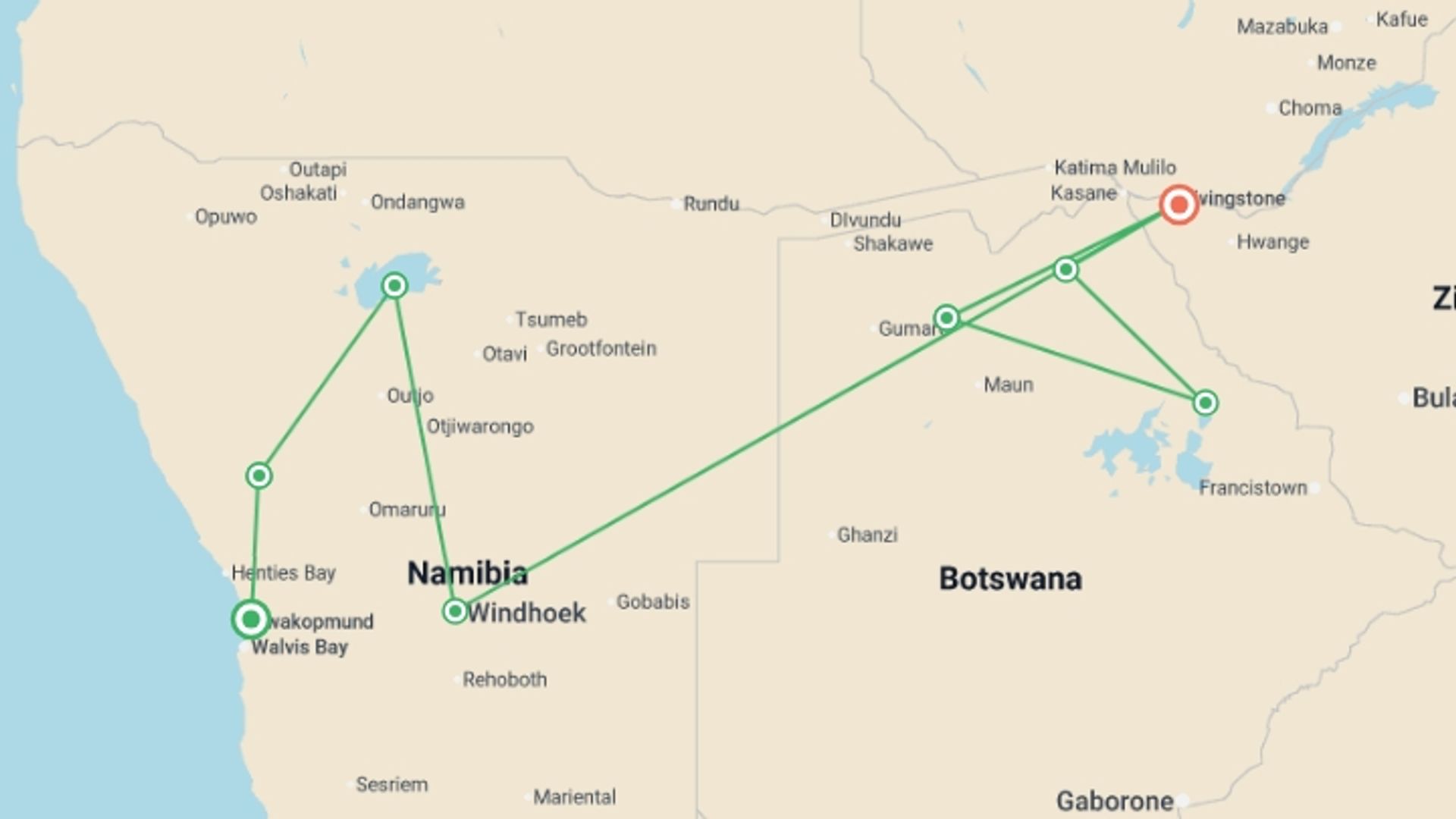 A map showing the tour itinerary for the trip: Namibia & Botswana Uncovered - 2026, starting in Swakopmund, Namibia and ending in Victoria Falls, Zimbabwe going through 8 other destinations.