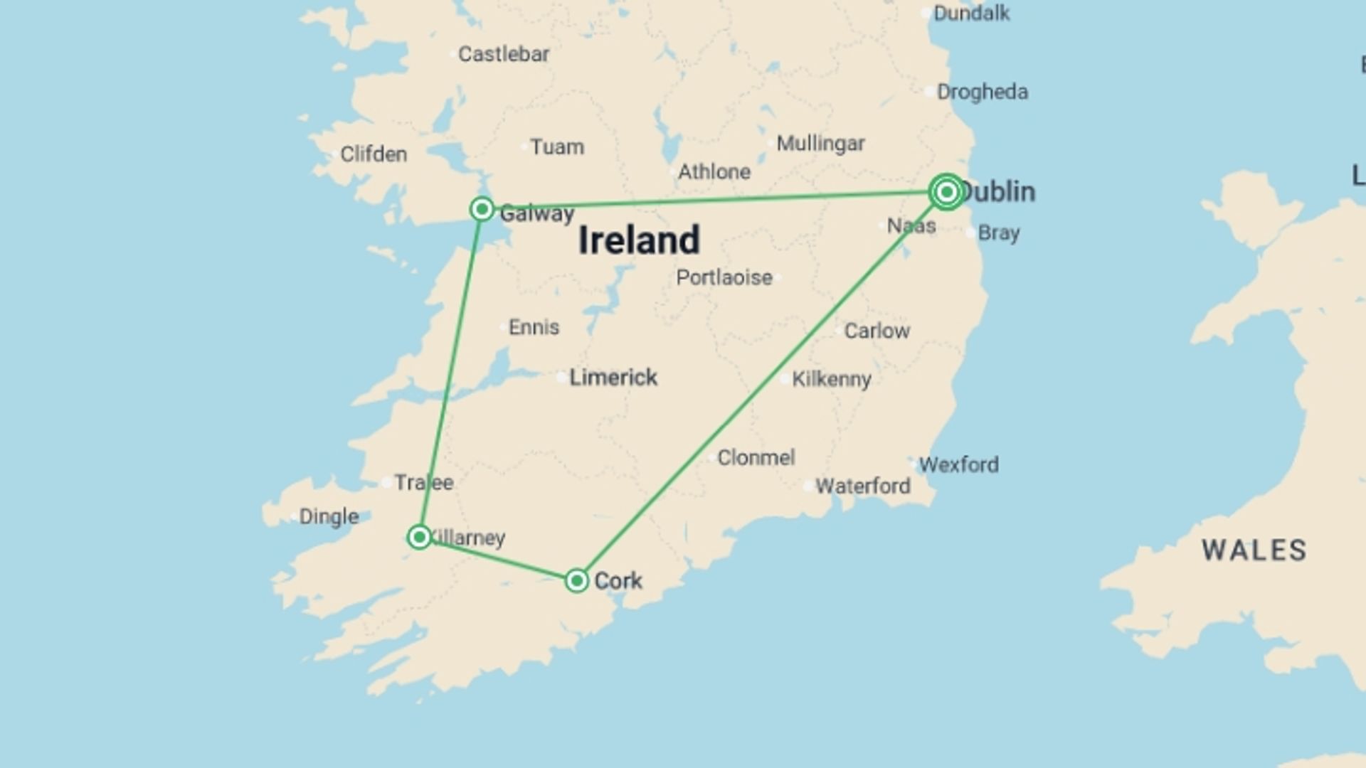 A map showing the tour itinerary for the trip: Journeys: Iconic Ireland, starting in Dublin, Ireland and ending in Dublin, Ireland going through 3 other destinations.