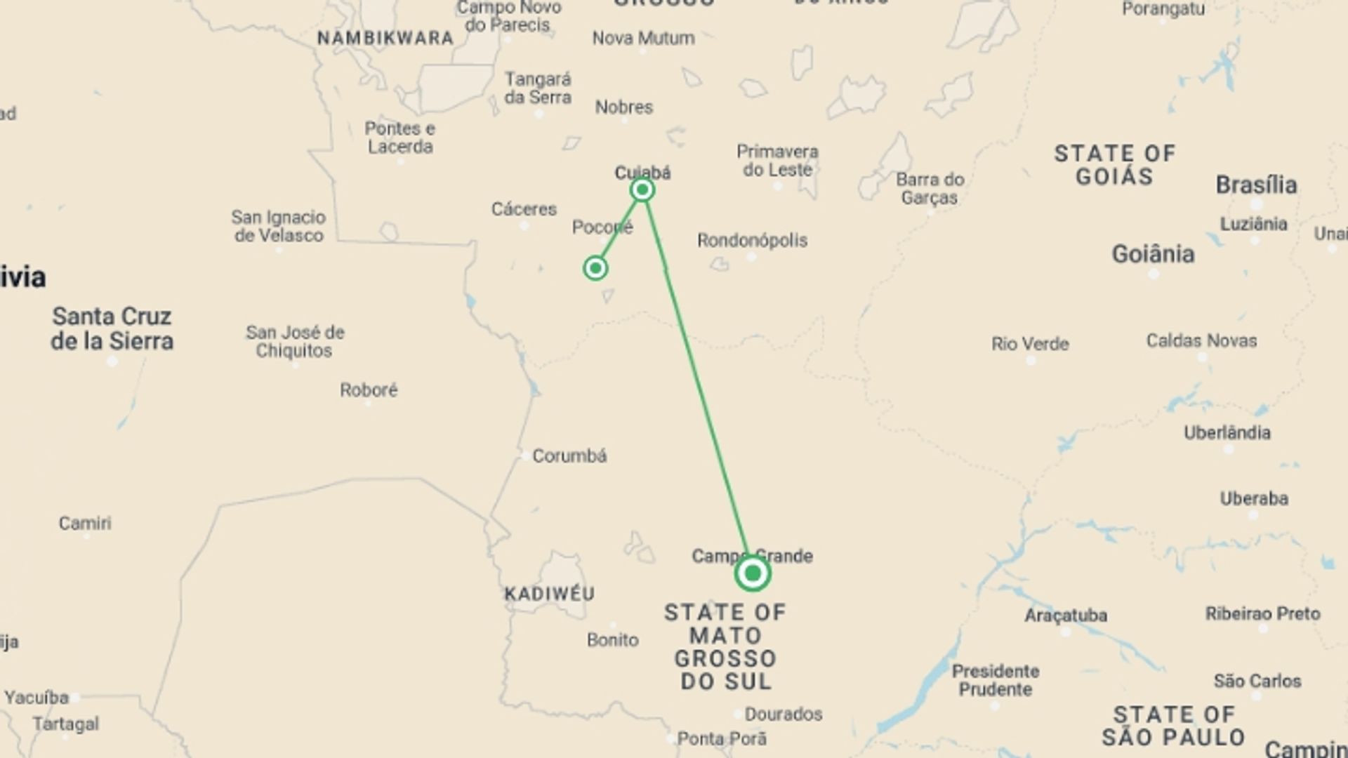 A map showing the tour itinerary for the trip: Pantanal Wildlife Experience, starting in Campo Grande, Brazil and ending in Campo Grande, Brazil going through 3 other destinations.