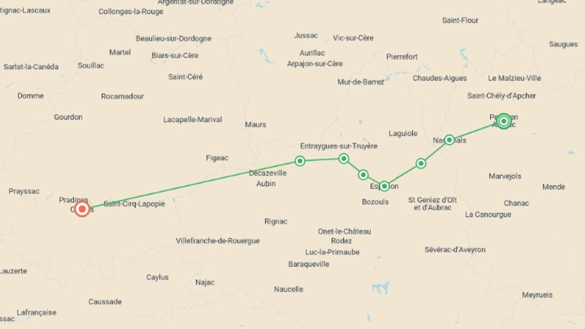 A map showing the tour itinerary for the trip: Le Puy Camino - Aumont to Conques, starting in Aumont-Aubrac, France and ending in Cahors, France going through 7 other destinations.