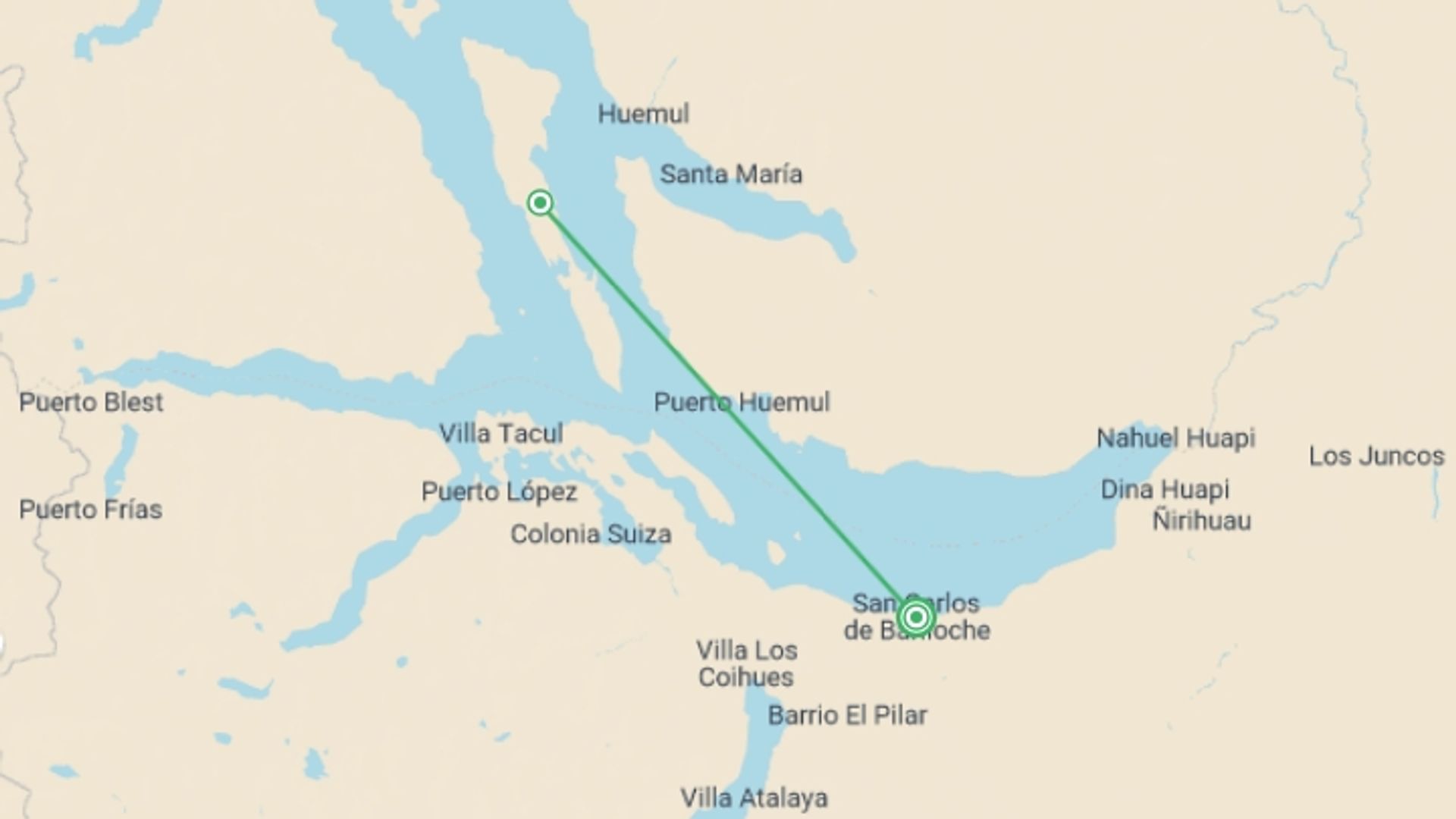 A map showing the tour itinerary for the trip: 5-Day Nahual Huapi Lake Adventure Tour From Bariloche, starting in San Carlos de Bariloche, Argentina and ending in San Carlos de Bariloche, Argentina going through 1 other destinations.