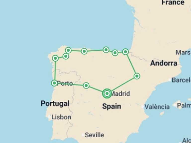 Map of Spain Tour with 7 destination visits for the trip: Madrid to Galicia & Porto - 13 days