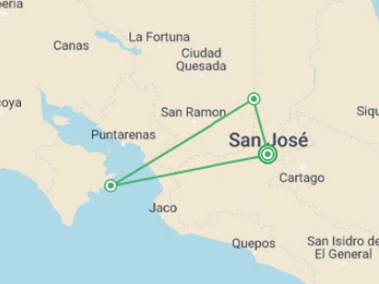 Map itinerary of San Jose Tour in July 2027 with 3 destination visits for the trip: Costa Rica Pura Vida