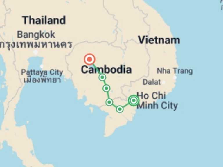 Map of 11-Day Ho Chi Minh City Tour with 7 destination visits for the trip: From the Mekong Delta to the Angkor Temples (port-to-port cruise)