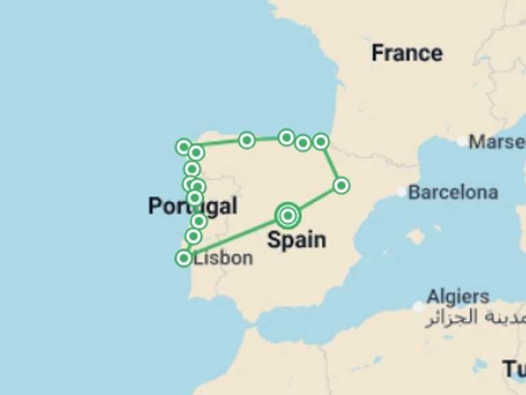 Map of 12-Day Madrid Tour with 10 destination visits for the trip: Madrid to Northern Spain & Lisbon - 12 days