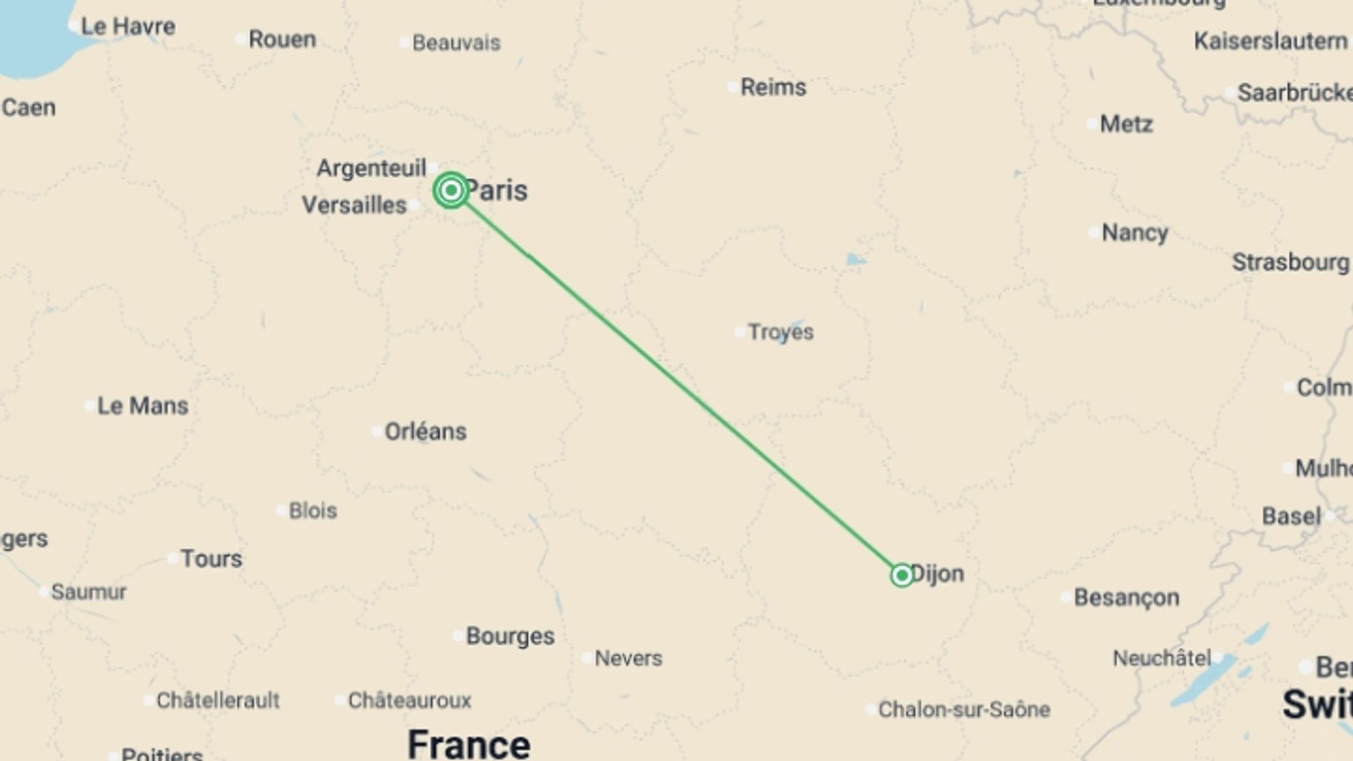 A map showing the tour itinerary for the trip: Wonders of Burgundy, starting in Paris, France and ending in Paris, France going through 1 other destinations.