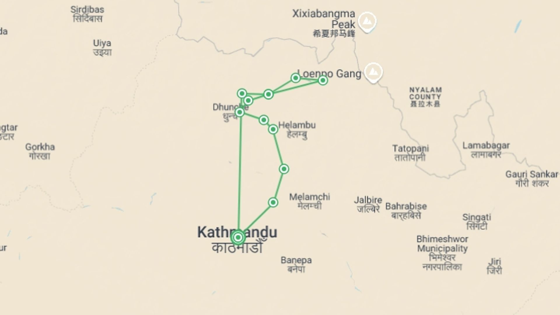 A map showing the tour itinerary for the trip: Langtang valley and Gosaikunda trek 12 Days , starting in Kathmandu, Nepal and ending in Kathmandu, Nepal going through 10 other destinations.