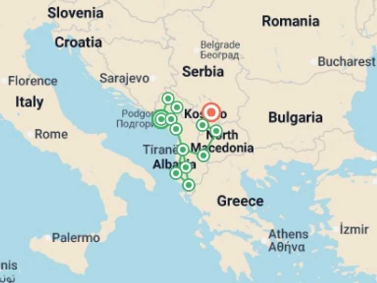 Map itinerary of Europe Tour in August 2026 with 13 destination visits for the trip: Balkans Discovery:  Montenegro to Kosovo