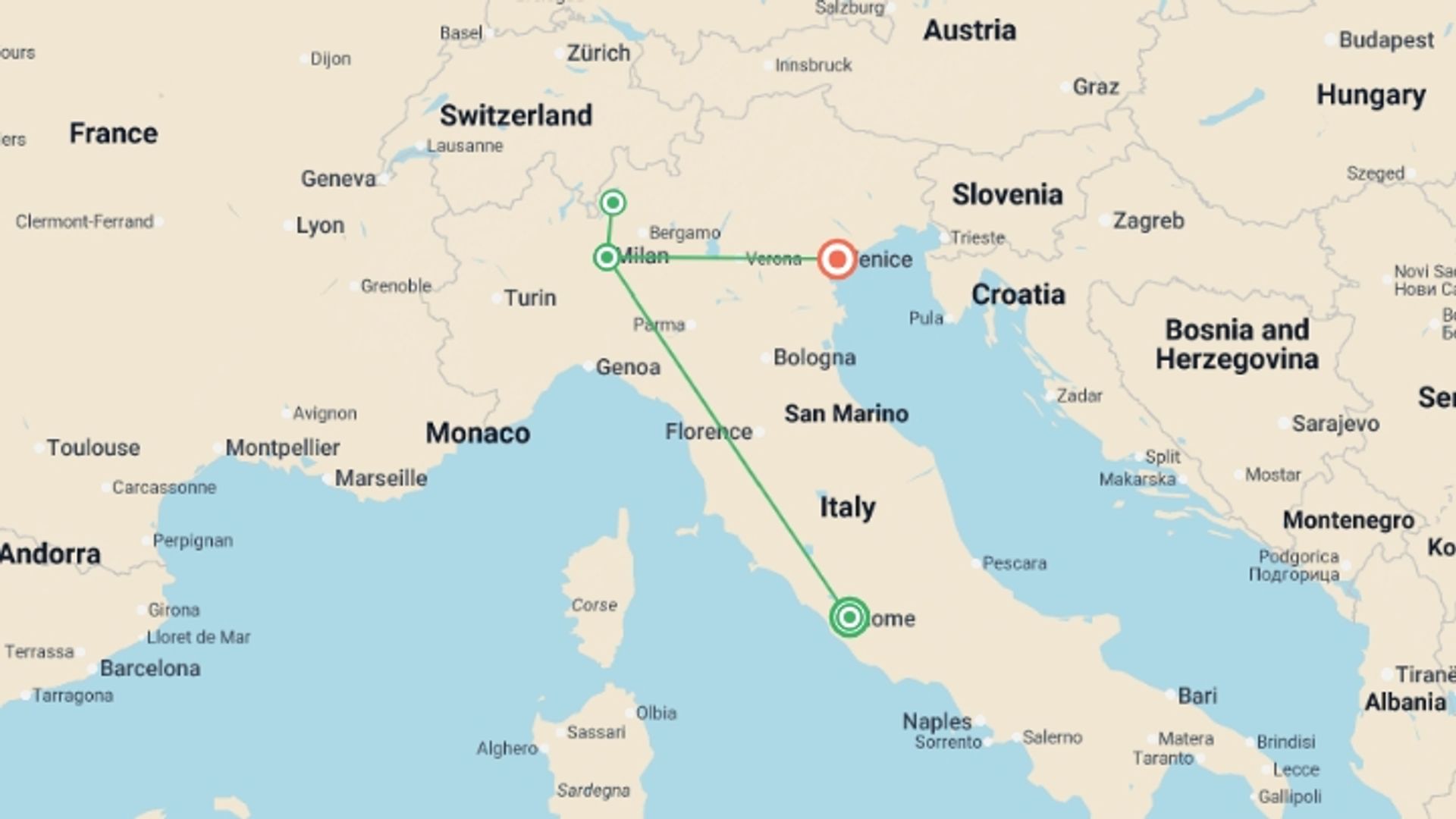 A map showing the tour itinerary for the trip: Rome, Milan & Lake Como Discovery, starting in Rome, Italy and ending in Venice, Italy going through 2 other destinations.