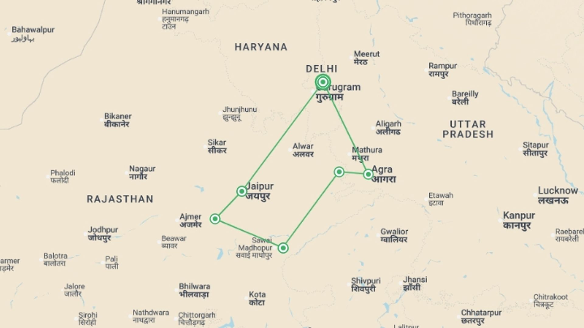 A map showing the tour itinerary for the trip: North India Family Adventure - 10 Days, starting in New Delhi, India and ending in New Delhi, India going through 4 other destinations.