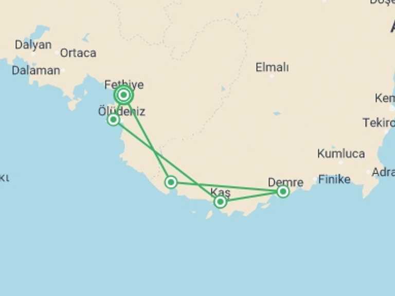 Map of Europe Tour with 5 destination visits for the trip: Sail Fethiye – Kekova – Fethiye