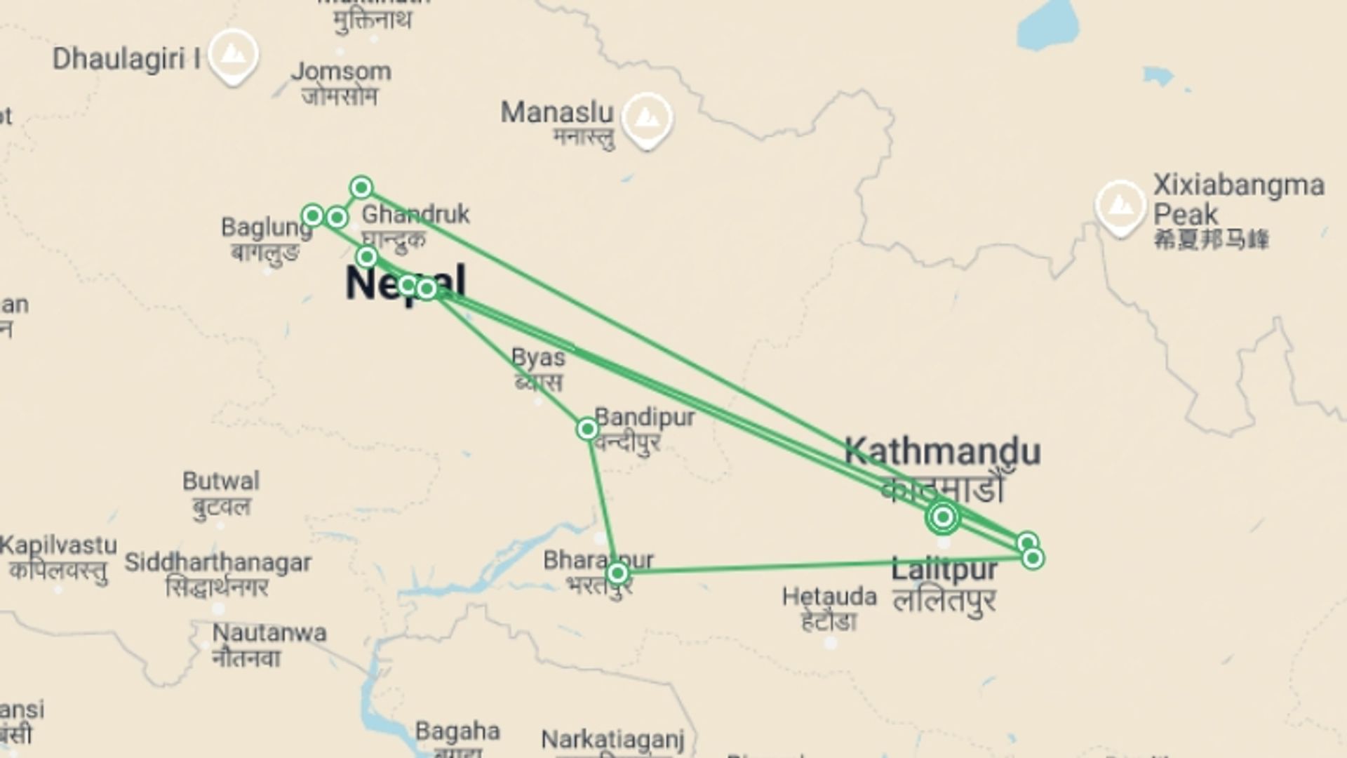 A map showing the tour itinerary for the trip: Ultimate Nepal Family Vacation, starting in Kathmandu, Nepal and ending in Kathmandu, Nepal going through 11 other destinations.