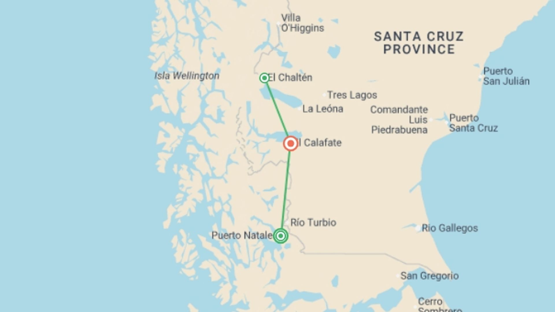 A map showing the tour itinerary for the trip: Patagonia Trail, starting in Puerto Natales, Chile and ending in El Calafate, Argentina going through 2 other destinations.