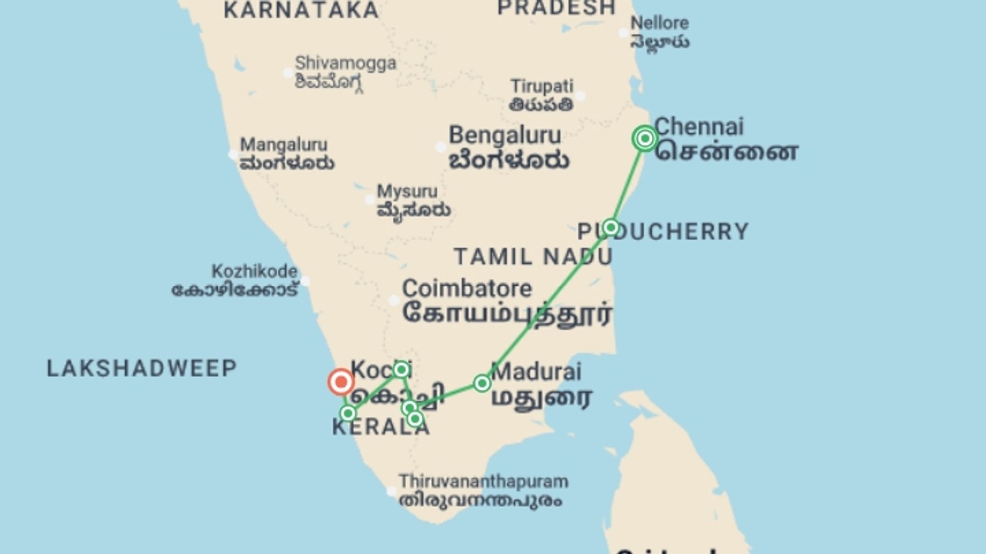 A map showing the tour itinerary for the trip: Premium South India, starting in Chennai, India and ending in Kochi, India going through 7 other destinations.
