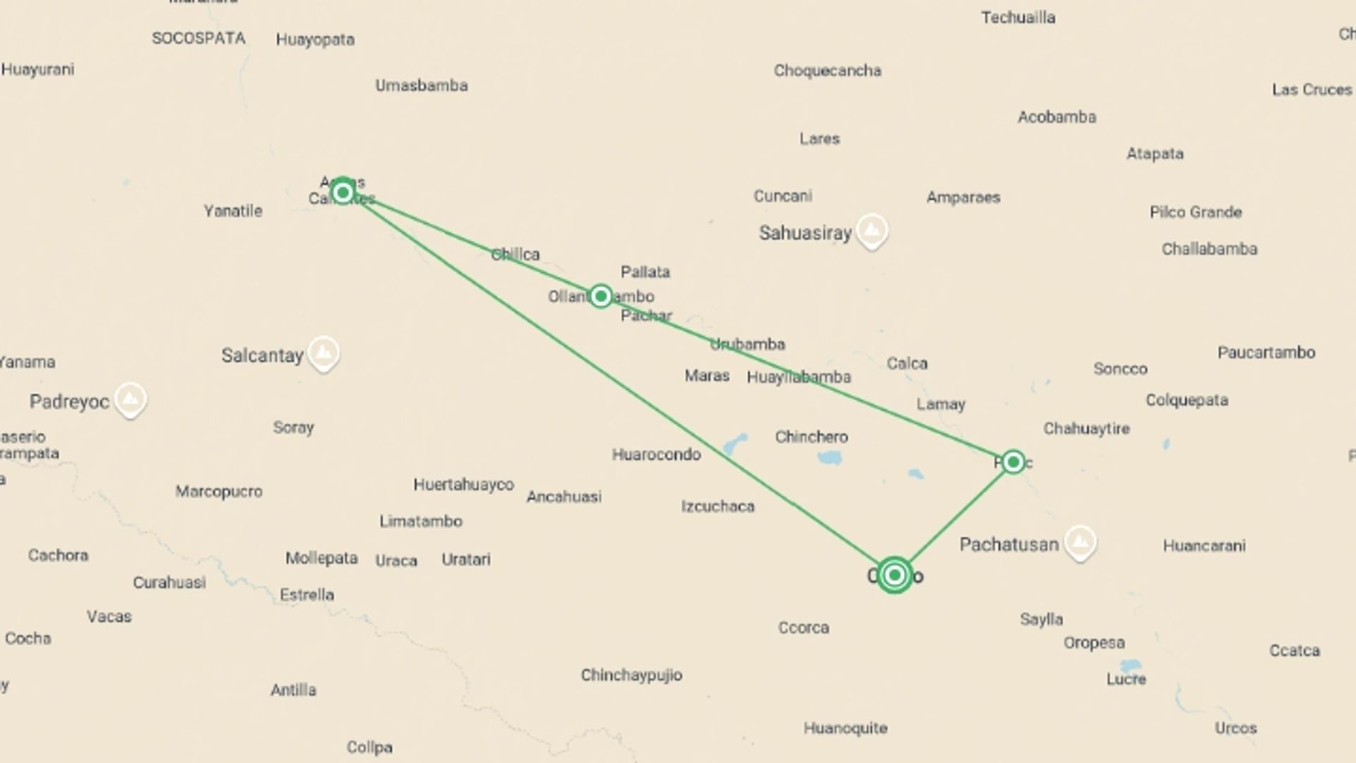 A map showing the tour itinerary for the trip: Sacred Valley Tour & Short Inca Trail 3 Days, starting in Cusco, Peru and ending in Cusco, Peru going through 4 other destinations.