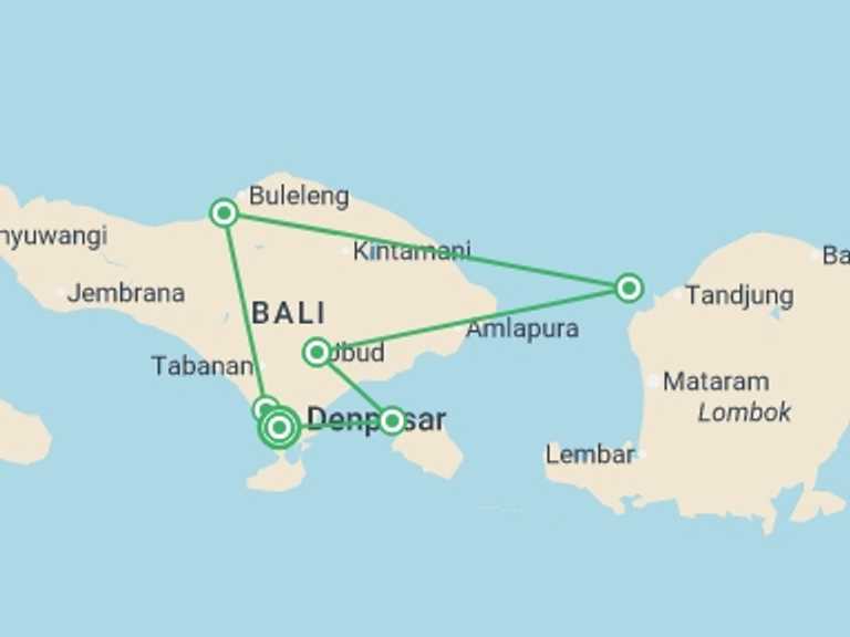 Map of Indonesia Tour with 6 destination visits for the trip: Bali & Gili Islands Encompassed  - 15 days