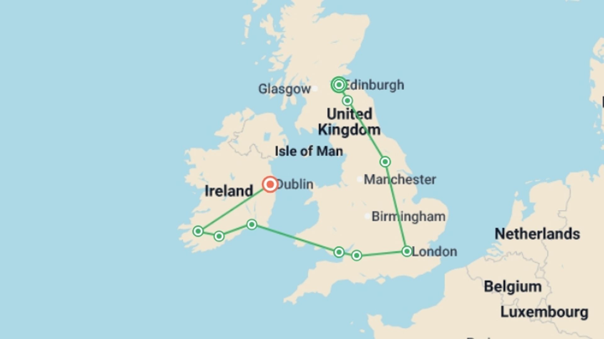 A map showing the tour itinerary for the trip: Exploring Britain and Ireland featuring England, Ireland, Scotland and Wales, starting in Edinburgh, Scotland and ending in Dublin, Ireland going through 7 other destinations.