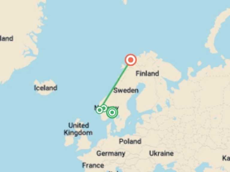 Map of a Adventure and sport Tour with 4 destination visits for the trip: Best of Norway & Midnight Sun - 8 days