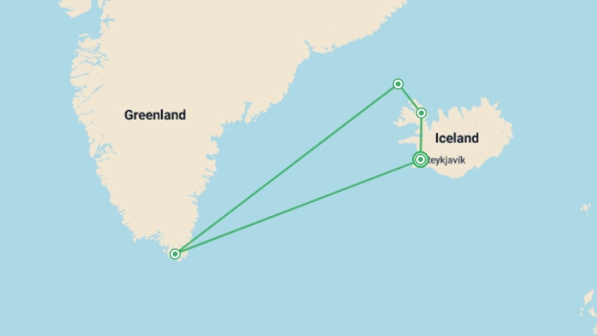 A map showing the tour itinerary for the trip: Iceland to Greenland: Mountains, Glaciers and the Westfjords, starting in Reykjavik, Iceland and ending in Reykjavik, Iceland going through 3 other destinations.
