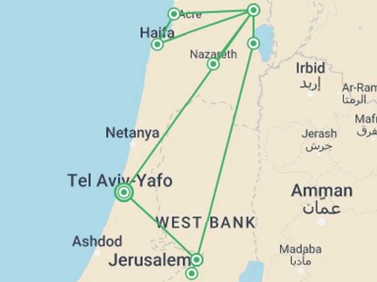 Map of Jerusalem Tour with 3 destination visits for the trip: Tierra Santa, Spanish-speaking Guide (monday)
