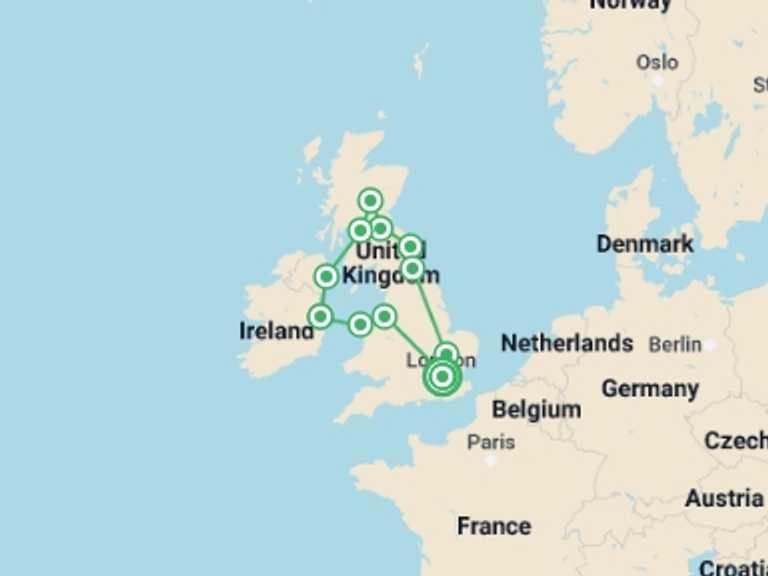 Map of 9-Day London Tour with 7 destination visits for the trip: Best of the United Kingdom and Dublin