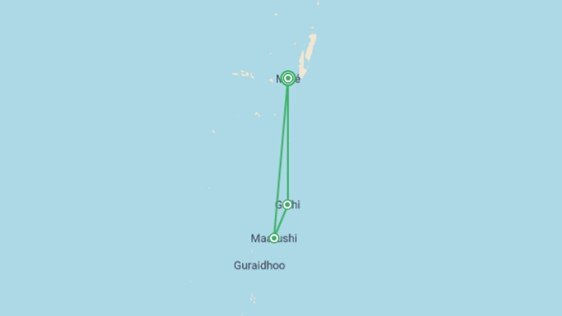 A map showing the tour itinerary for the trip: Maldives Uncovered, starting in Male, Maldives and ending in Male, Maldives going through 2 other destinations.