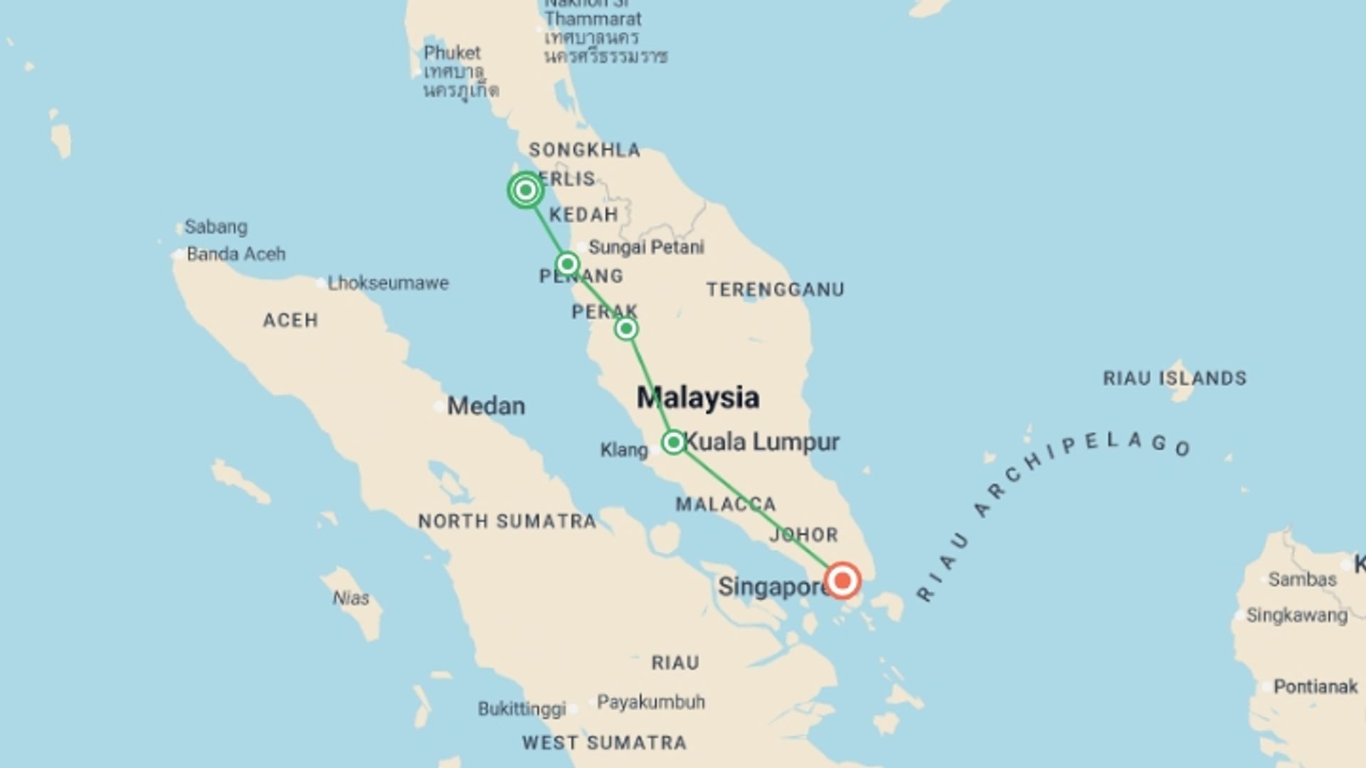 A map showing the tour itinerary for the trip: Malaysia and Singapore Highlights, starting in Langkawi, Malaysia and ending in Singapore, Singapore going through 2 other destinations.
