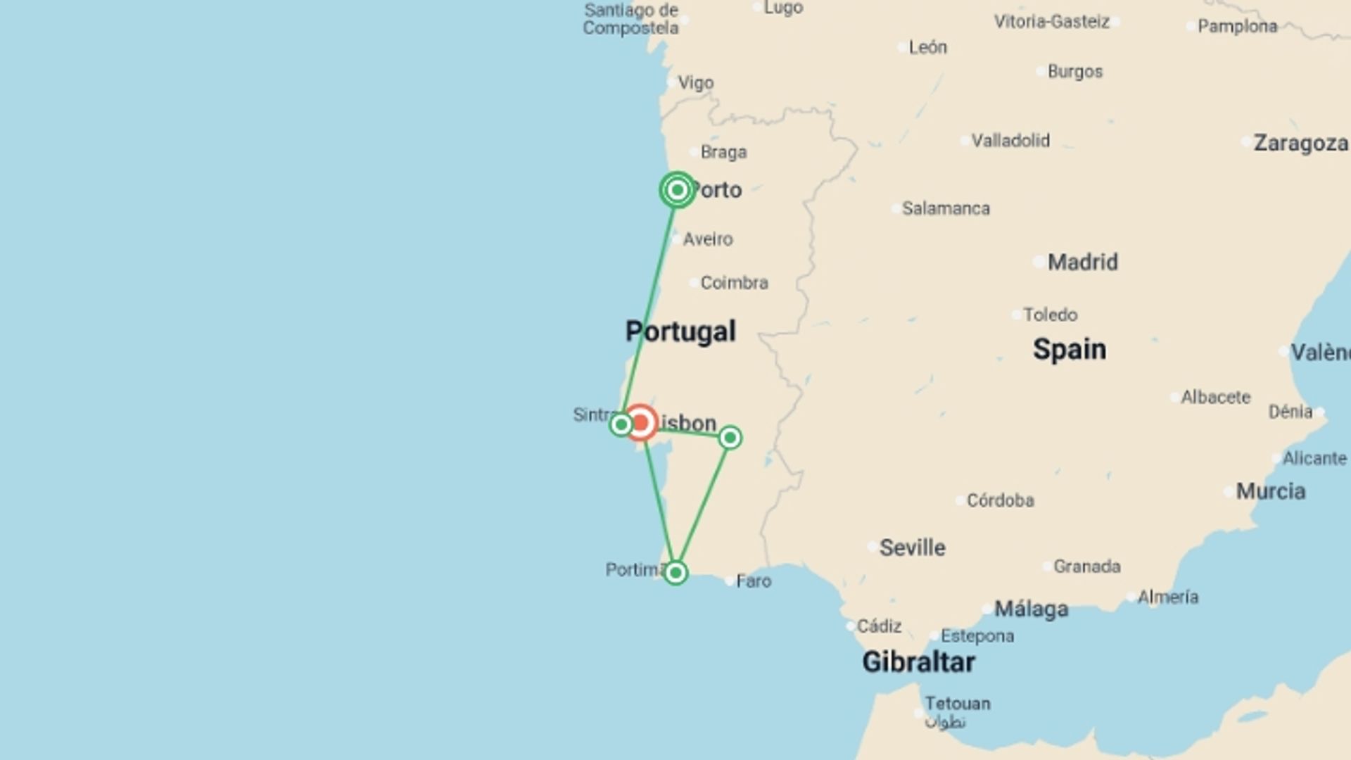 A map showing the tour itinerary for the trip: Sunny Portugal with Porto , starting in Porto, Portugal and ending in Lisbon, Portugal going through 3 other destinations.