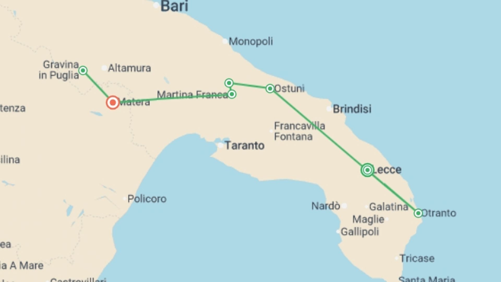 A map showing the tour itinerary for the trip: Self Guided Walking in Puglia: From Lecce to Matera, starting in Lecce, Italy and ending in Matera, Italy going through 3 other destinations.