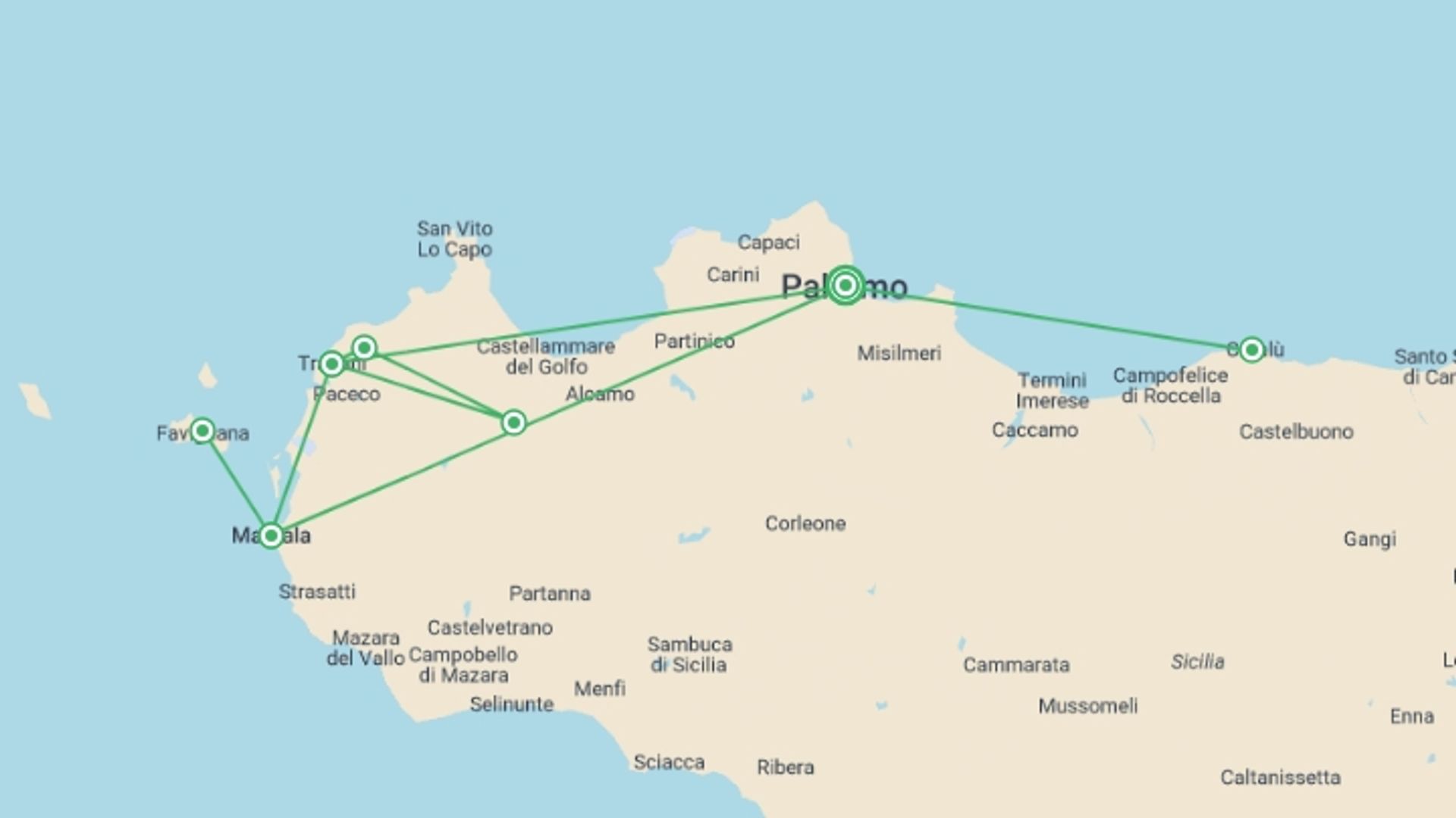 A map showing the tour itinerary for the trip: Sicily Discovery: 7 Days From Palermo To Trapani And Marsala, Self-drive, starting in undefined, Italy and ending in undefined, Italy going through 0 other destinations.