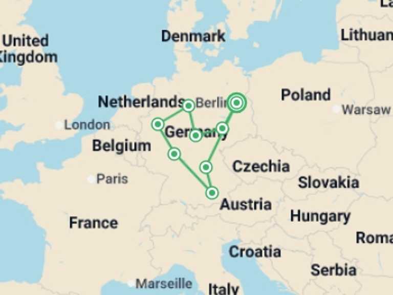 Map of Europe Explorer Tour with 8 destination visits for the trip: Great Cities and Castles Route
