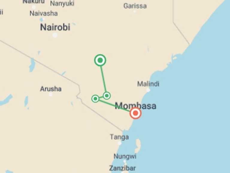 Map of Kenya Tour with 3 destination visits for the trip: Safari To The Taita Hills, Short Break (on Request)